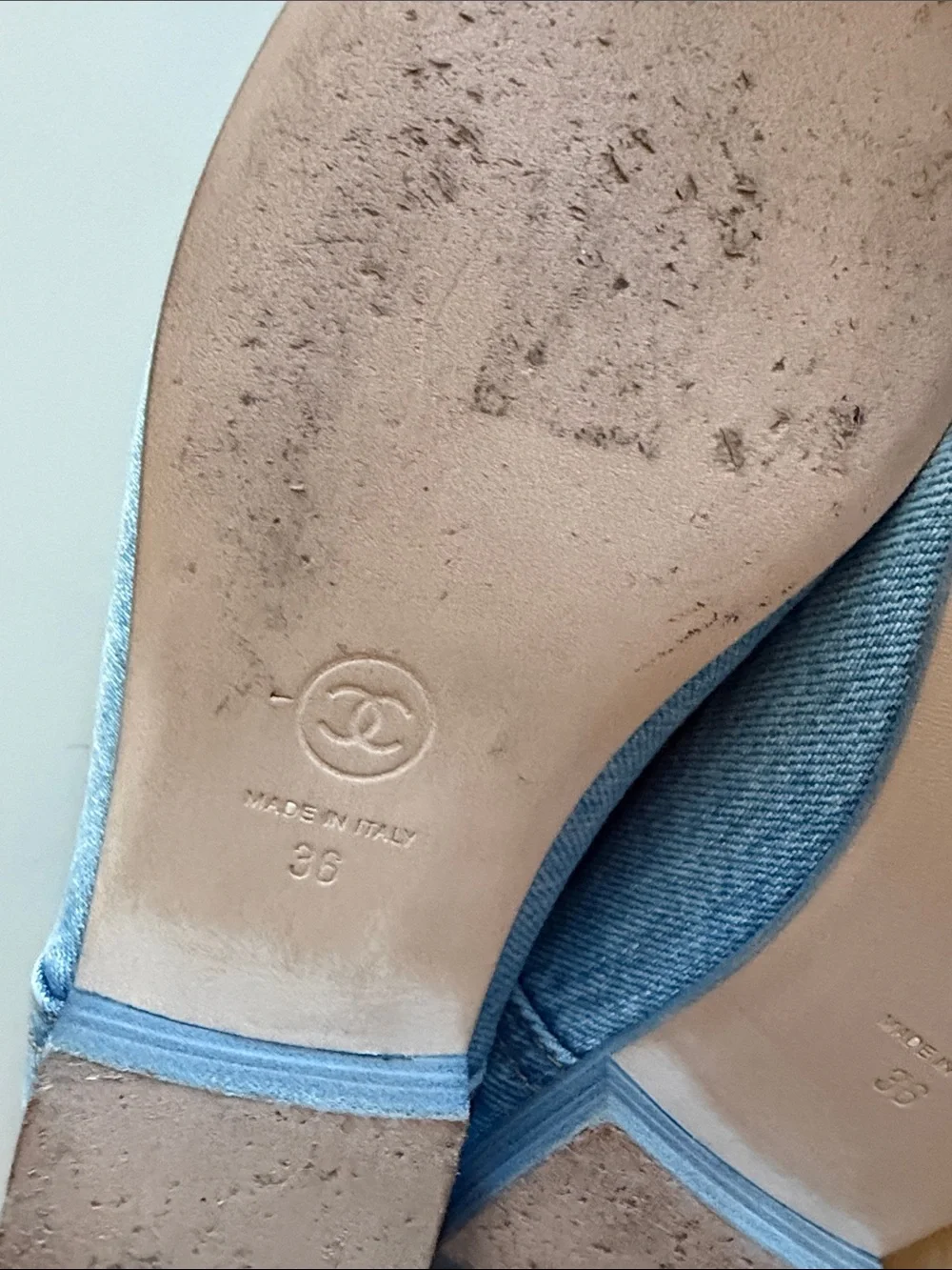 CHANEL Light Blue Denim CC Logo Ballerina Flats